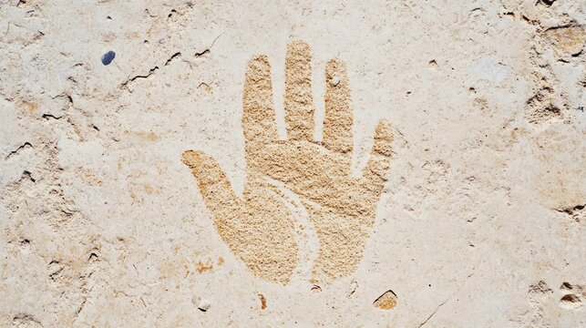 Handprint carved in sandy ground at a desert location symbolizing leaving a lasting mark or impression