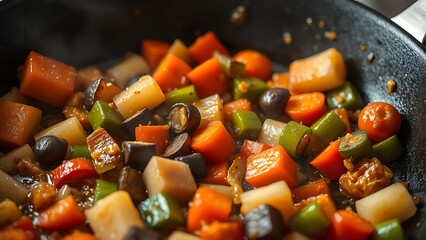 Close-up of sizzling vegetables in a frying pan, captured with vibrant colors and overhead lighting.