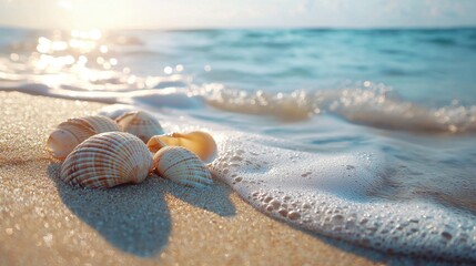 Sea shells on sandy beach with gentle waves and sunlight reflecting off the water, capturing a peaceful and relaxing coastal scene perfect for summer or vacation themes