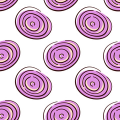 Seamless pattern with flat style onion ring. Perfect for kitchen, textile, food packaging, wallpaper and healthy cooking design.