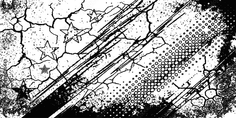 Poster black and white abstract design with halftone dots cracks and curved lines for modern background.