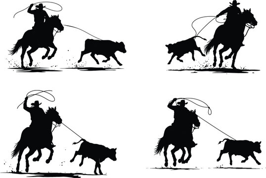Four silhouettes of cowboys roping cattle on a white background