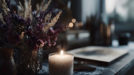 Cozy candlelit workspace with handmade decor and dried flowers