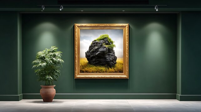 A minimalist museum wall in dark moss green, featuring one prominently displayed gold-framed abstract painting, the simplicity emphasizing the framea??s ornate details.