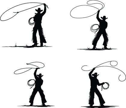 Four silhouette cowboys swinging lassoes in a western scene