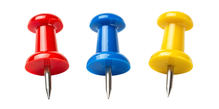Colorful Push Pins and Map Pins in a Row on Transparent Background
Set of Red, Blue, Yellow Push Pins and Map Pins Isolated on Transparent Background