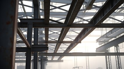 Steel beams rise through morning fog at a construction site, creating a striking diagonal composition.