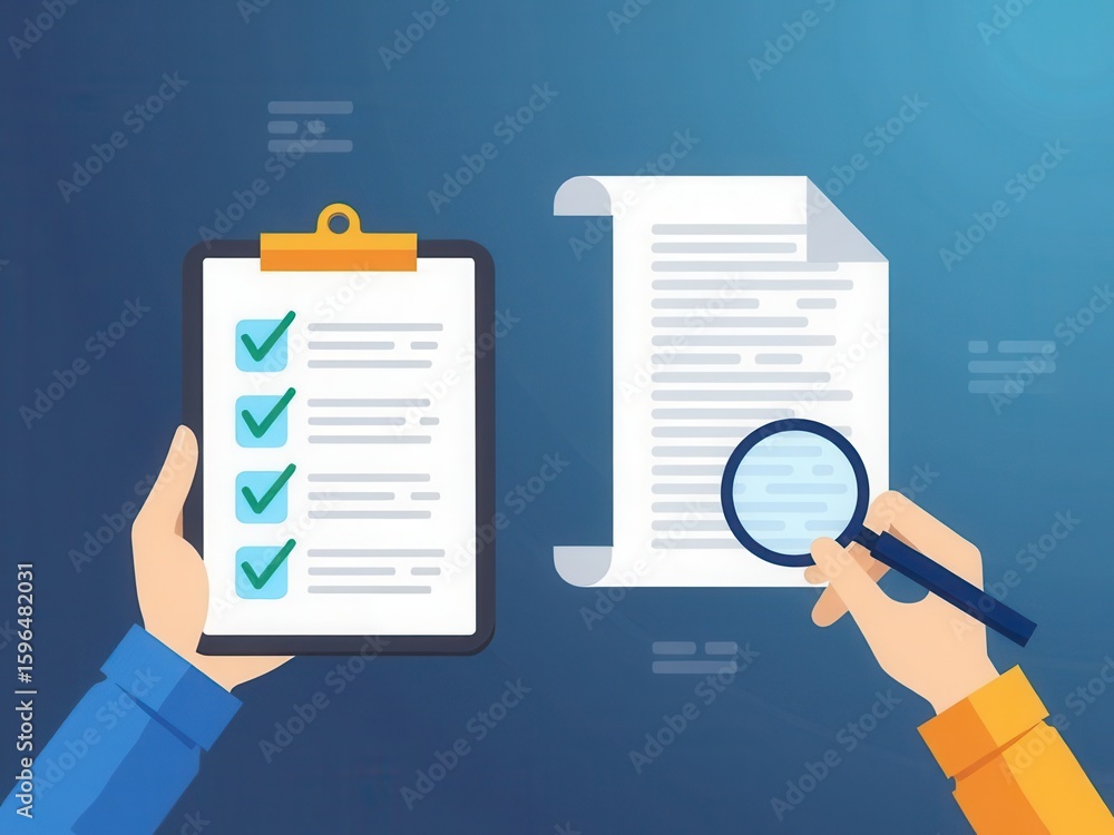 Poster document review and quality control concept. document with a checkmark, quality assurance, and proce