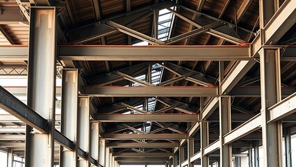 Abstract industrial steel beams create striking patterns in natural construction lighting.