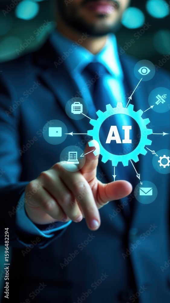 Poster ai, artificial intelligence technology in digital workflow. businessman touches gear icon labeled ai
