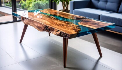 Maple burl coffee table glass insertion highlights knots hairline cracks filled transparent acrylic mid-century legs 