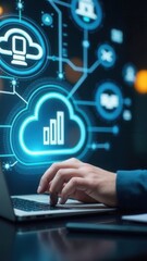 Digital Government and Online Public Services Technology. Man using laptop with icons digital government systems, AI, cloud technology, law, and digital transformation in public.