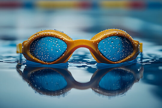 Pair of gold swimming goggles resting on water's edge.