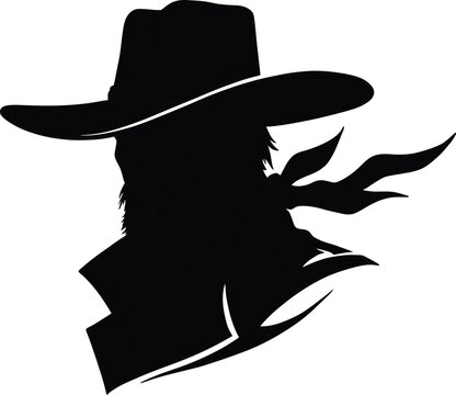 Silhouette of a cowboy wearing a wide brim hat and scarf