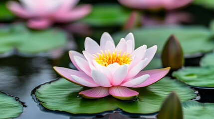 Pink water lily flower blooming in a pond.