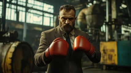 Businessman in Suit Wearing Boxing Gloves in Industrial Warehouse Setting, Ready for Fight and Competition Spirit, Powerful Motivational Image 4k video footage - Powered by Adobe