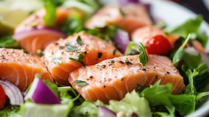 Salmon salad with mixed greens and vegetables.