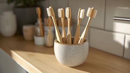 Several bamboo toothbrushes in a gray ceramic holder on a wooden counter