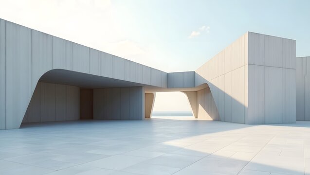 3d illustration of abstract modern architecture background, Minimal geometry architectural design, Car presentation backdrop with empty concrete floor