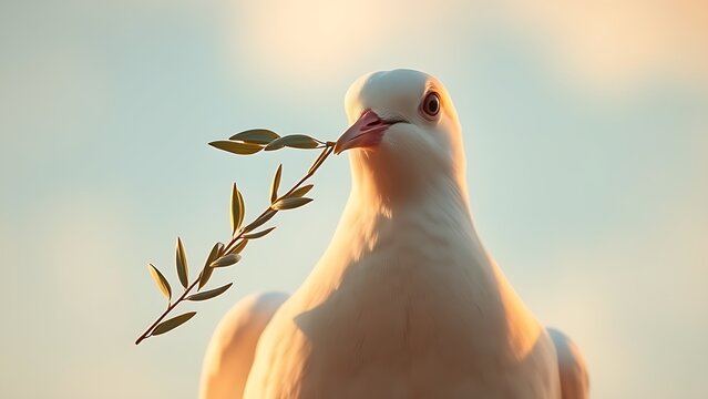 A white dove holding an olive branch, softly lit by golden sunlight, representing hope and harmony.
