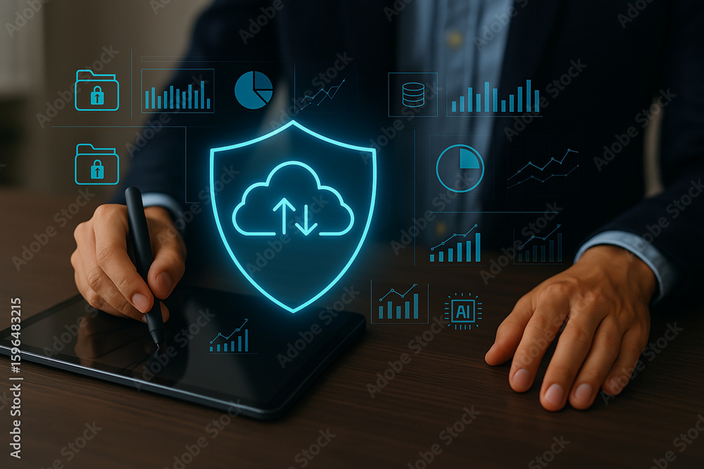 Poster professional workspace showing hand interacting with stylus on tablet with glowing cloud security ov