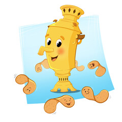 Digital illustration of a samovar and pancakes on a colored background. Drawing of a children's character for cards, stickers, scrapbooking, posters, prints.