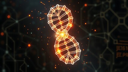 A glowing double helix transforming into pharmaceutical structures with AI circuitry patterns emerging in the background.