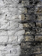 White weathered bricks are laid evenly in the wall. The gaps are filled with light cement. Half of the wall is wet with water. The texture and grain are visible