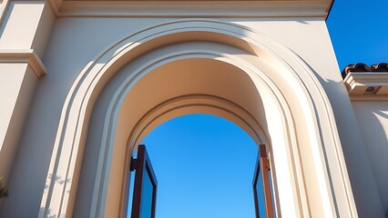 An elegant arched doorway of a luxurious home, framed by a clear blue sky and natural daylight.