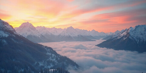 dreamy golden sunrise in the Swiss Alps, with low clouds rolling through the valley