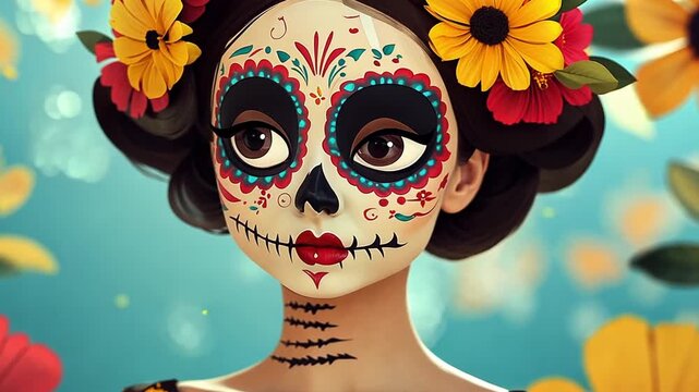 Colorful Day of the Dead celebration featuring a woman with intricate sugar skull makeup and flowers