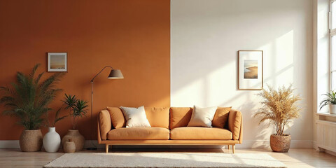 Modern minimalist living room with a clean, symmetrical design. The wall and sofa are split vertically into brown and white sections, decorated with pottery, plants, and frames in Scandinavian/japan