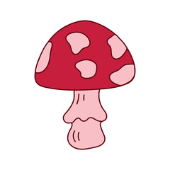 Cute pink fly agaric mushroom in a coquette aesthetic for Valentine's Day. Doodle vector illustration for decor. Trendy ideas for stickers for invitations, diary and scrapbook.