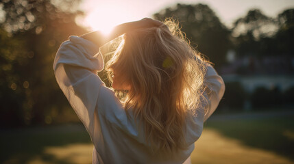  A young blonde woman with messy hair is doing a random 