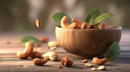 Cashews in a wooden bowl on a rustic table.