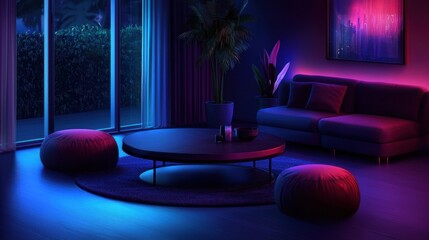 Modern living room, neon lights, night view, relaxing atmosphere