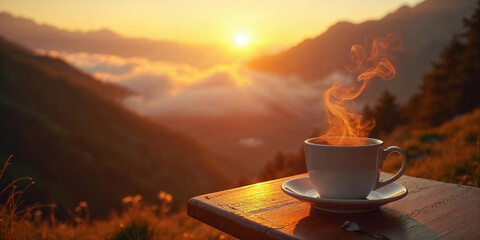 a coffee on a café table, dreamy golden sunrise in the Swiss Alps, with low clouds rolling through the valley
