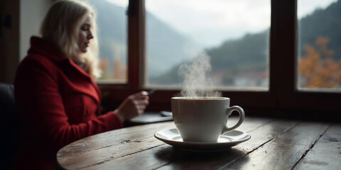 a coffee on a café table, dreamy golden sunrise in the Swiss Alps, with low clouds rolling through the valley