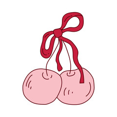 Cherry branch with ribbon and bow in coquette aesthetics. Vintage element in simple doodle style. Trendy ideas for invitation, scrapbook, stickers and decor. Vector illustration.