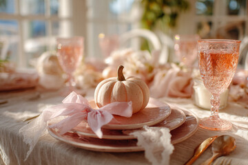 pastel halloween table setting with mini pumpkin on pink plate and silk bow in soft sunlight, concept of elegant autumn celebration, stylish dining, and seasonal home decor