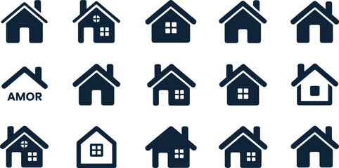 Collection of simple dark blue house icons on a white background