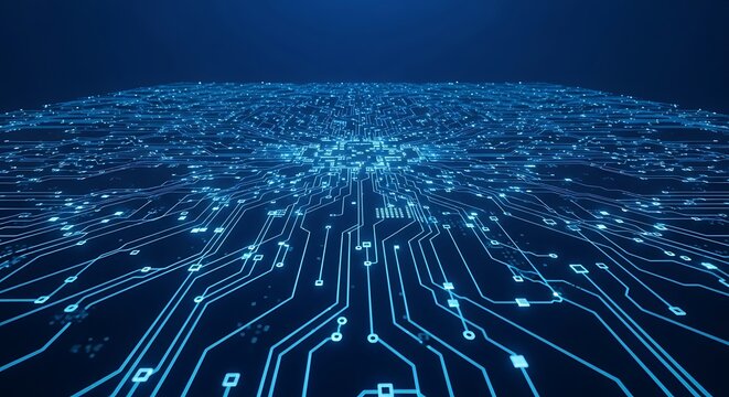 A closeup view of a black computer processor chip with intricate blue illuminated circuit pathways extending outwards, symbolizing advanced technology and data processing