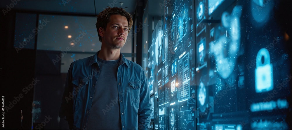 Poster cybersecurity expert analyzing data on interactive glass wall with lock icons