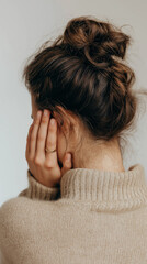  A photo of a woman with her hand covering the right side of her face