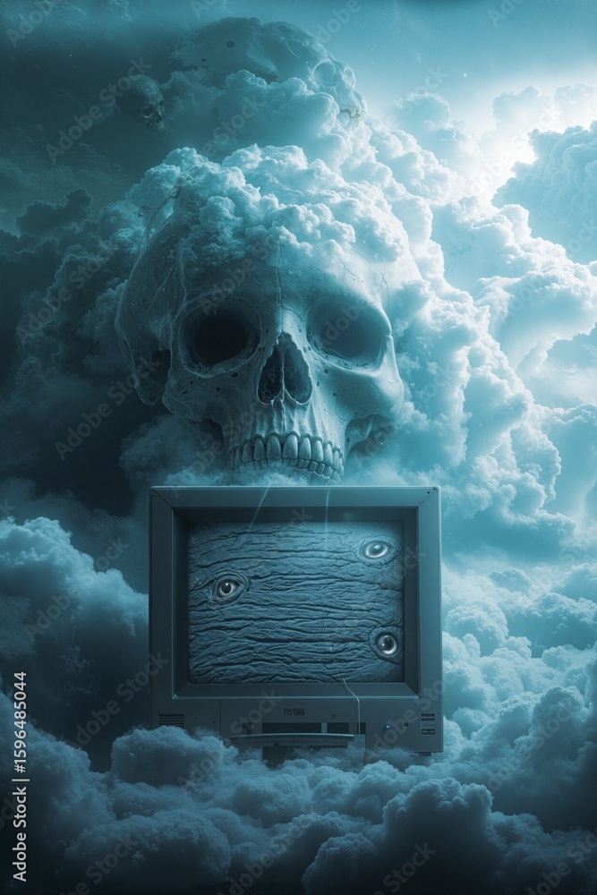 Aufkleber digital skull emerging from computer in stormy data cloud artwork