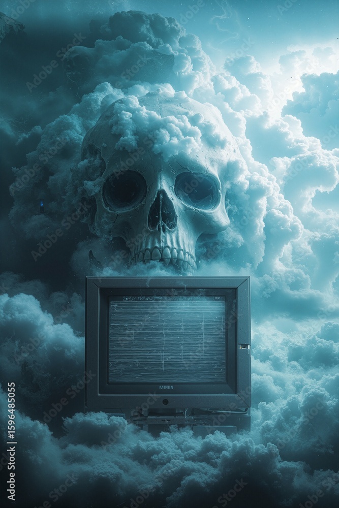 Aufkleber digital skull emerging from computer in stormy data cloud art