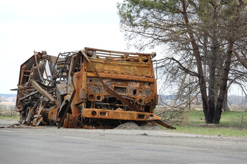 An army truck was blown up. The supply vehicle burned down. War in Ukraine.