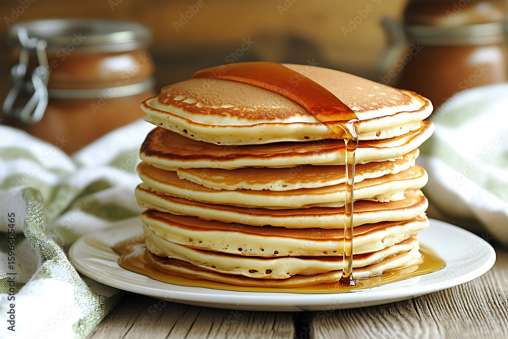 Poster stack of fluffy pancakes drizzled with maple syrup on a white plate sitting on a rustic wooden table