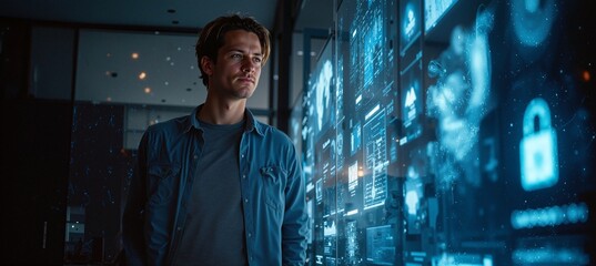 Man Working Remotely on Laptop with Encrypted VPN and Secure Dashboards