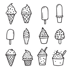 Doodle drawing of various ice cream treats on a white background art